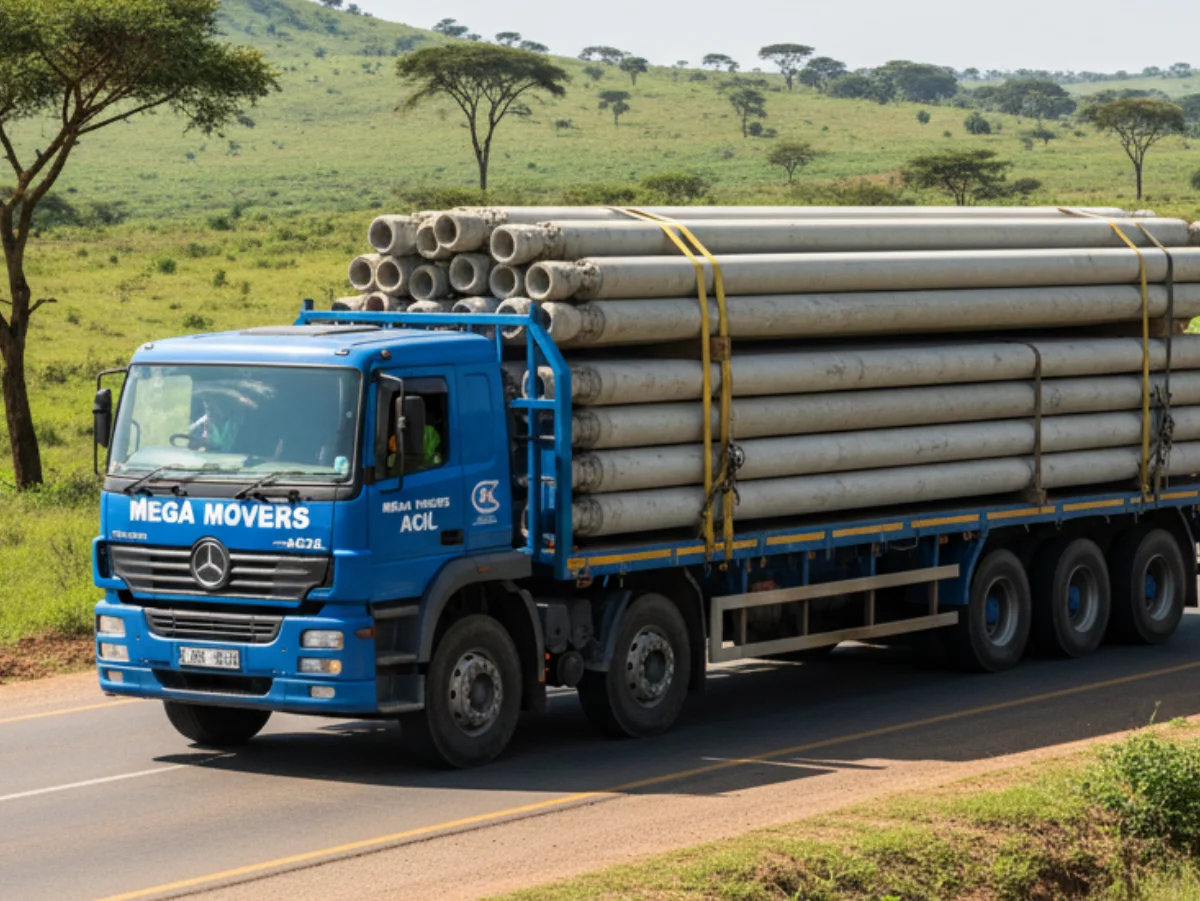 magen Principal: Una foto profesional y dinámica de un camión low-loader de la flota de Mega Movers/ACIL, cargado con postes y en ruta. Una toma con dron sería espectacular aquí. Galería Secundaria: Una imagen mostrando la carga cuidadosa de los postes de concreto. Una foto de un contenedor siendo posicionado en un camión. Una imagen del patio de almacenamiento o centro logístico.