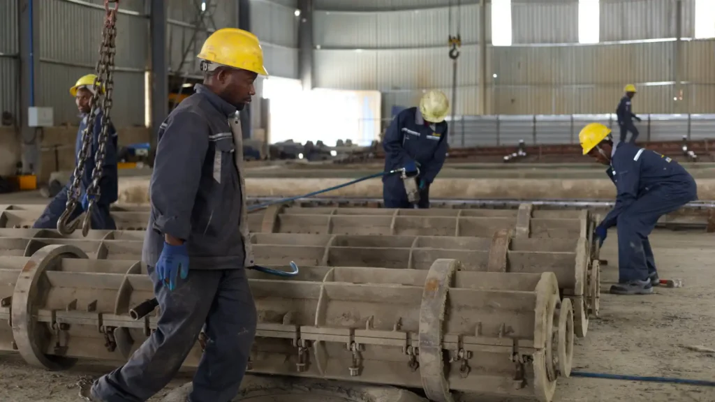 Heavy-duty steel molds preparation line for concrete electrical poles manufacturing.
